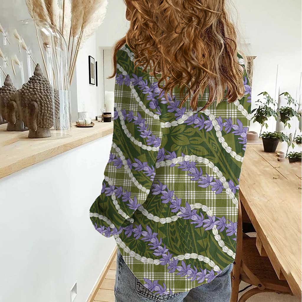 Green Hawaii Palaka Honohono Pikake Women Casual Shirt Hawaiian Orchid Lei Polynesian Pattern - Polynesian Pride