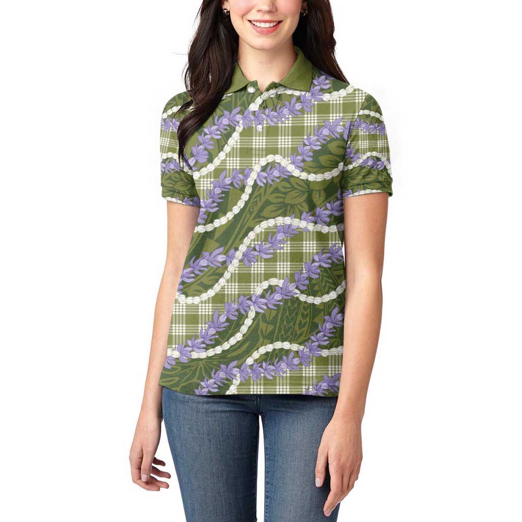 Green Hawaii Palaka Honohono Pikake Women Polo Shirt Hawaiian Orchid Lei Polynesian Pattern - Polynesian Pride