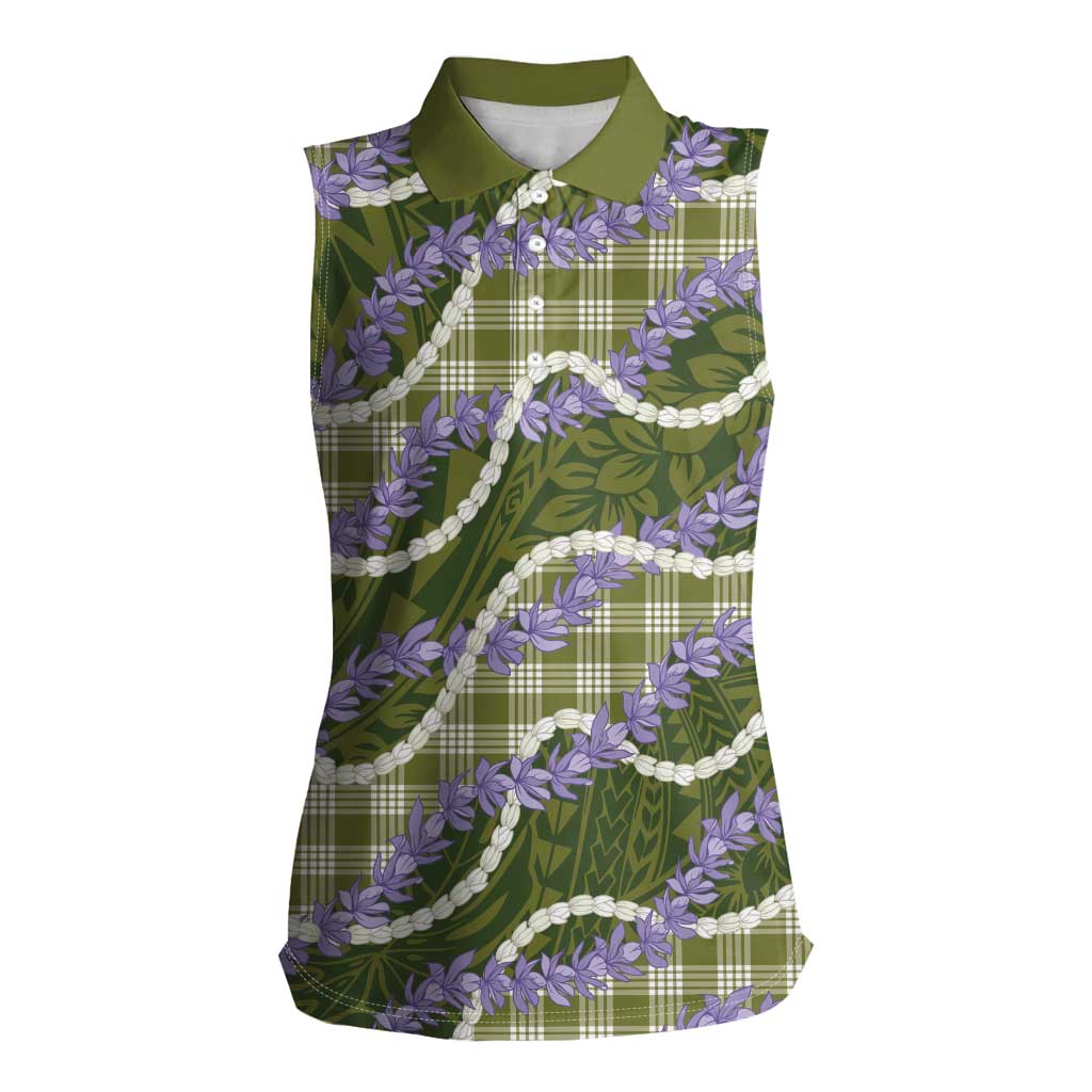 Green Hawaii Palaka Honohono Pikake Women Sleeveless Polo Shirt Hawaiian Orchid Lei Polynesian Pattern LT14 Female Green - Polynesian Pride