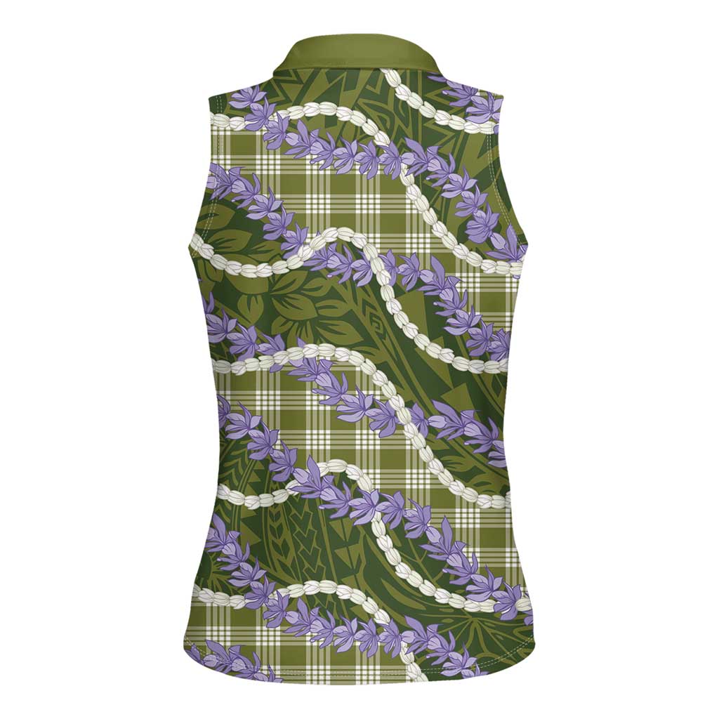 Green Hawaii Palaka Honohono Pikake Women Sleeveless Polo Shirt Hawaiian Orchid Lei Polynesian Pattern LT14 - Polynesian Pride