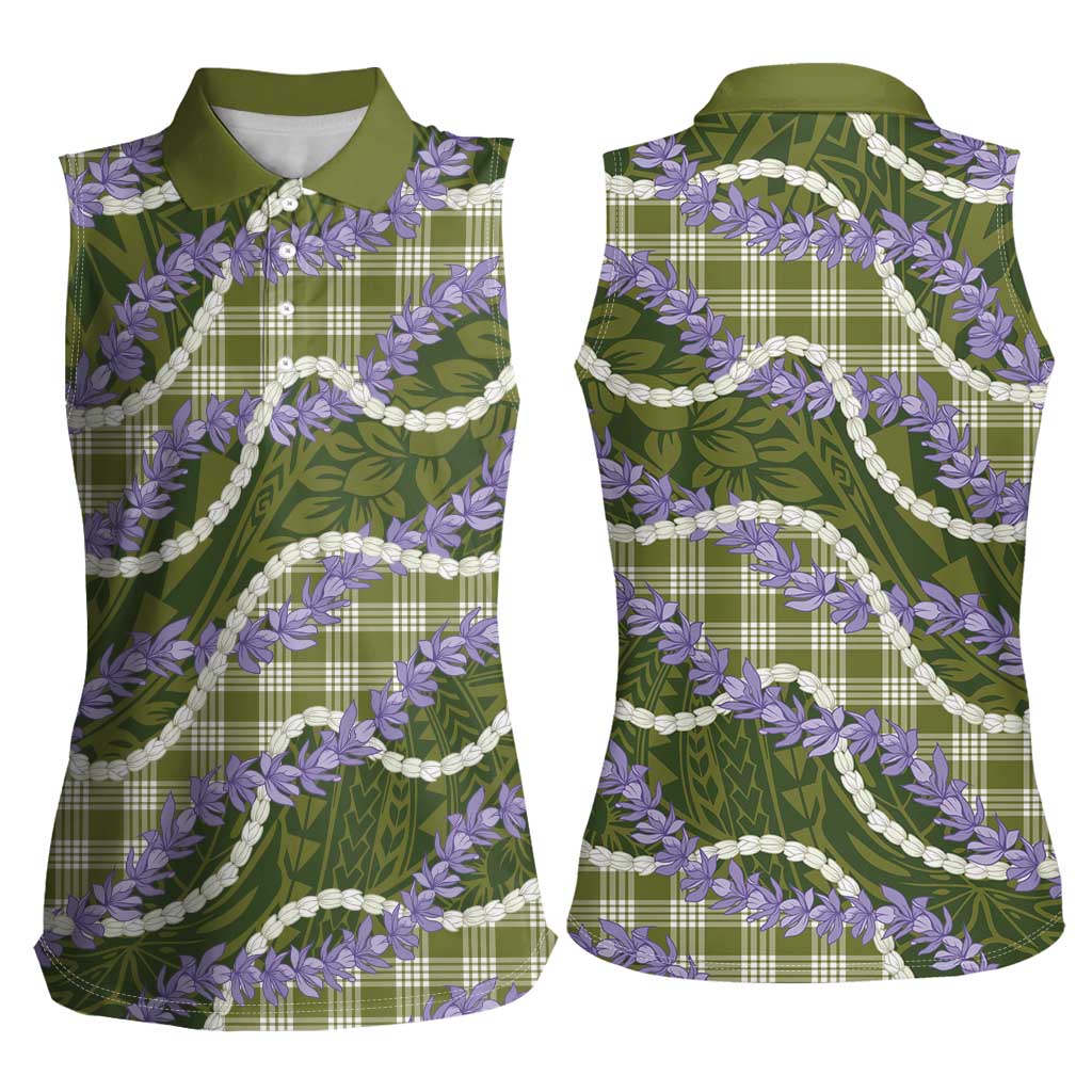 Green Hawaii Palaka Honohono Pikake Women Sleeveless Polo Shirt Hawaiian Orchid Lei Polynesian Pattern LT14 - Polynesian Pride