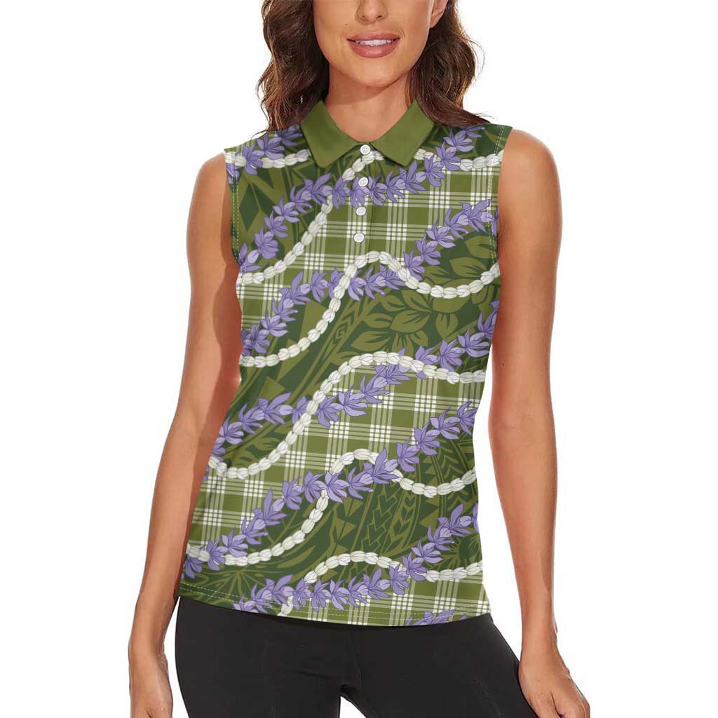 Green Hawaii Palaka Honohono Pikake Women Sleeveless Polo Shirt Hawaiian Orchid Lei Polynesian Pattern LT14 - Polynesian Pride