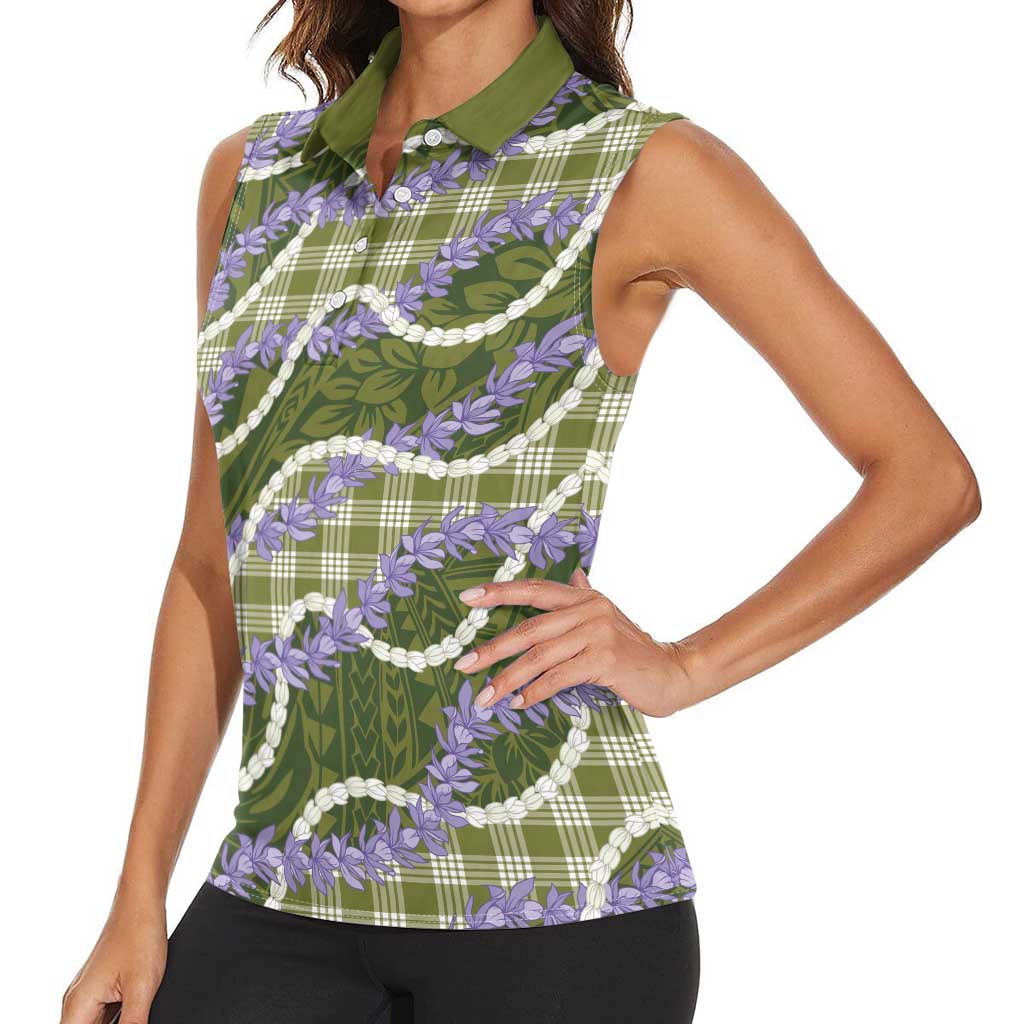 Green Hawaii Palaka Honohono Pikake Women Sleeveless Polo Shirt Hawaiian Orchid Lei Polynesian Pattern LT14 - Polynesian Pride