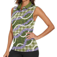 Green Hawaii Palaka Honohono Pikake Women Sleeveless Polo Shirt Hawaiian Orchid Lei Polynesian Pattern LT14 - Polynesian Pride