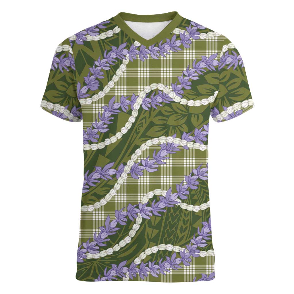 Green Hawaii Palaka Honohono Pikake Women V-Neck T-Shirt Hawaiian Orchid Lei Polynesian Pattern LT14 Female Green - Polynesian Pride