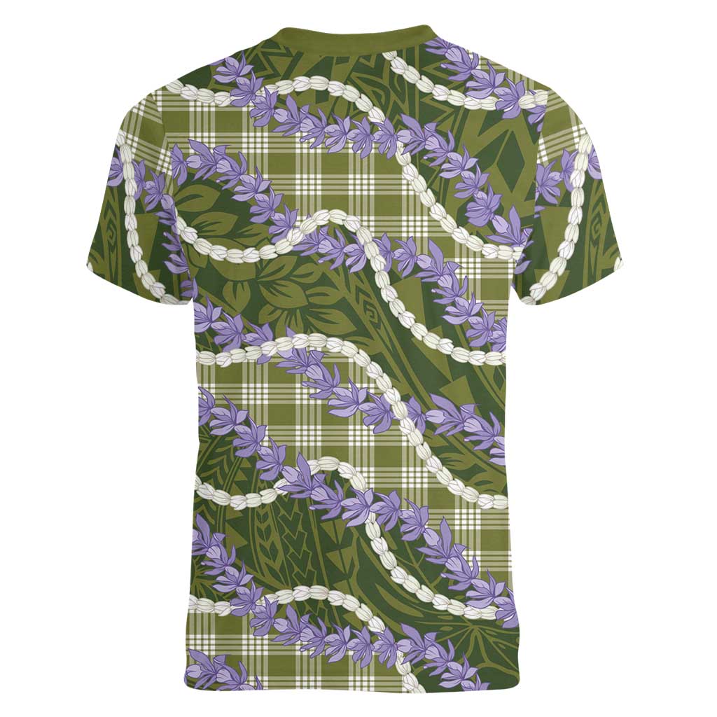 Green Hawaii Palaka Honohono Pikake Women V-Neck T-Shirt Hawaiian Orchid Lei Polynesian Pattern LT14 - Polynesian Pride