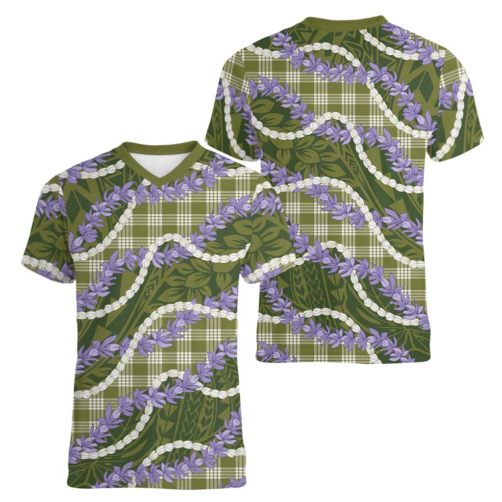 Green Hawaii Palaka Honohono Pikake Women V-Neck T-Shirt Hawaiian Orchid Lei Polynesian Pattern LT14 - Polynesian Pride