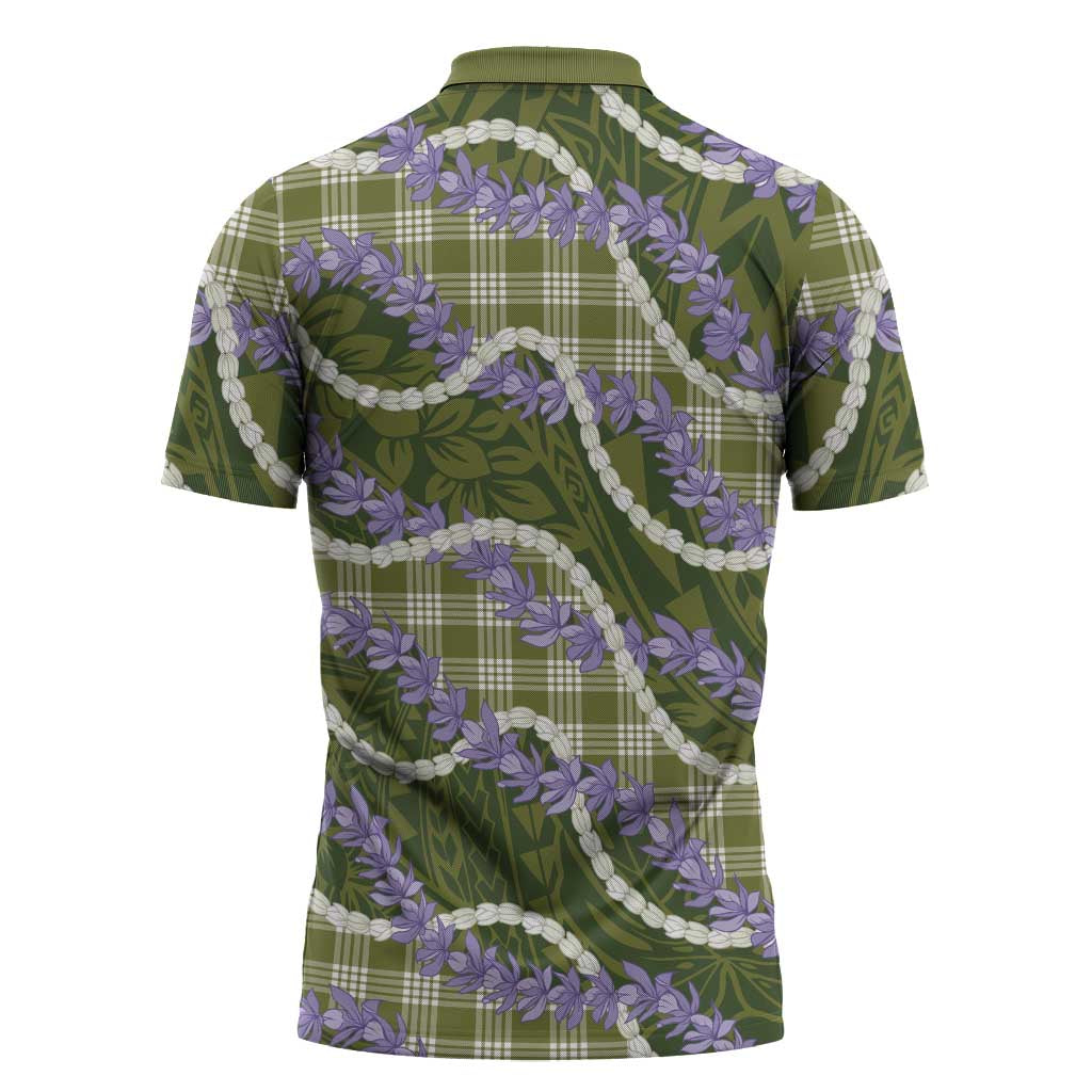 Green Hawaii Palaka Honohono Pikake Zipper Polo Shirt Hawaiian Orchid Lei Polynesian Pattern LT14 - Polynesian Pride