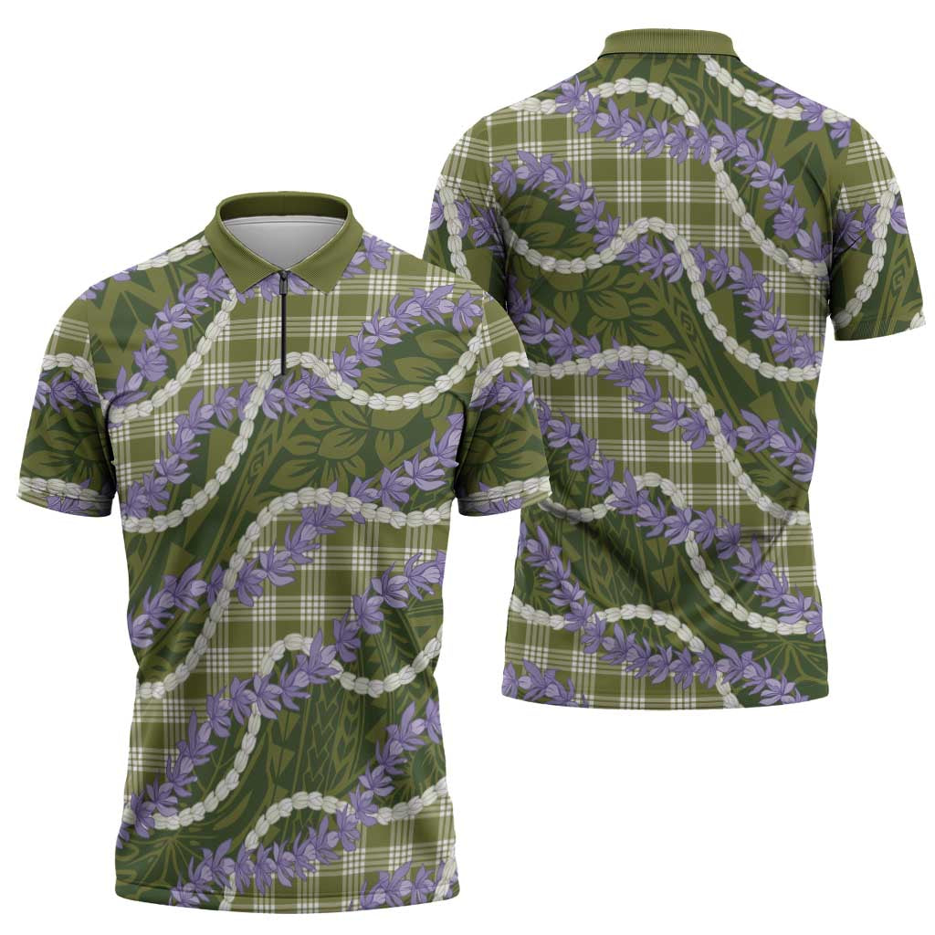 Green Hawaii Palaka Honohono Pikake Zipper Polo Shirt Hawaiian Orchid Lei Polynesian Pattern LT14 - Polynesian Pride