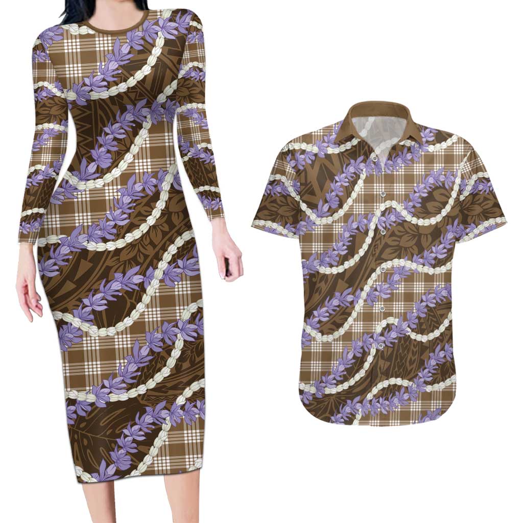 Brown Hawaii Palaka Honohono Pikake Couples Matching Long Sleeve Bodycon Dress and Hawaiian Shirt Hawaiian Orchid Lei Polynesian Pattern - Polynesian Pride