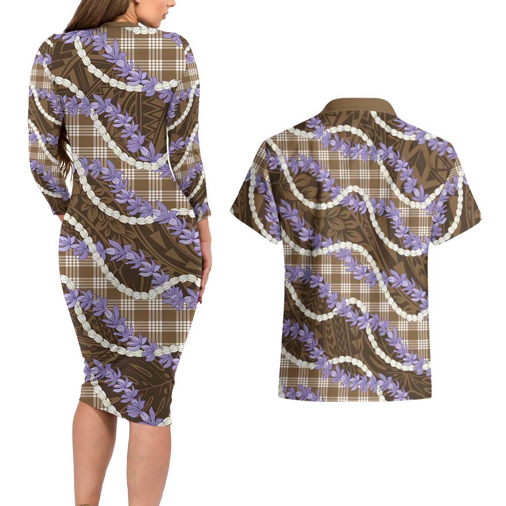 Brown Hawaii Palaka Honohono Pikake Couples Matching Long Sleeve Bodycon Dress and Hawaiian Shirt Hawaiian Orchid Lei Polynesian Pattern LT14 - Polynesian Pride