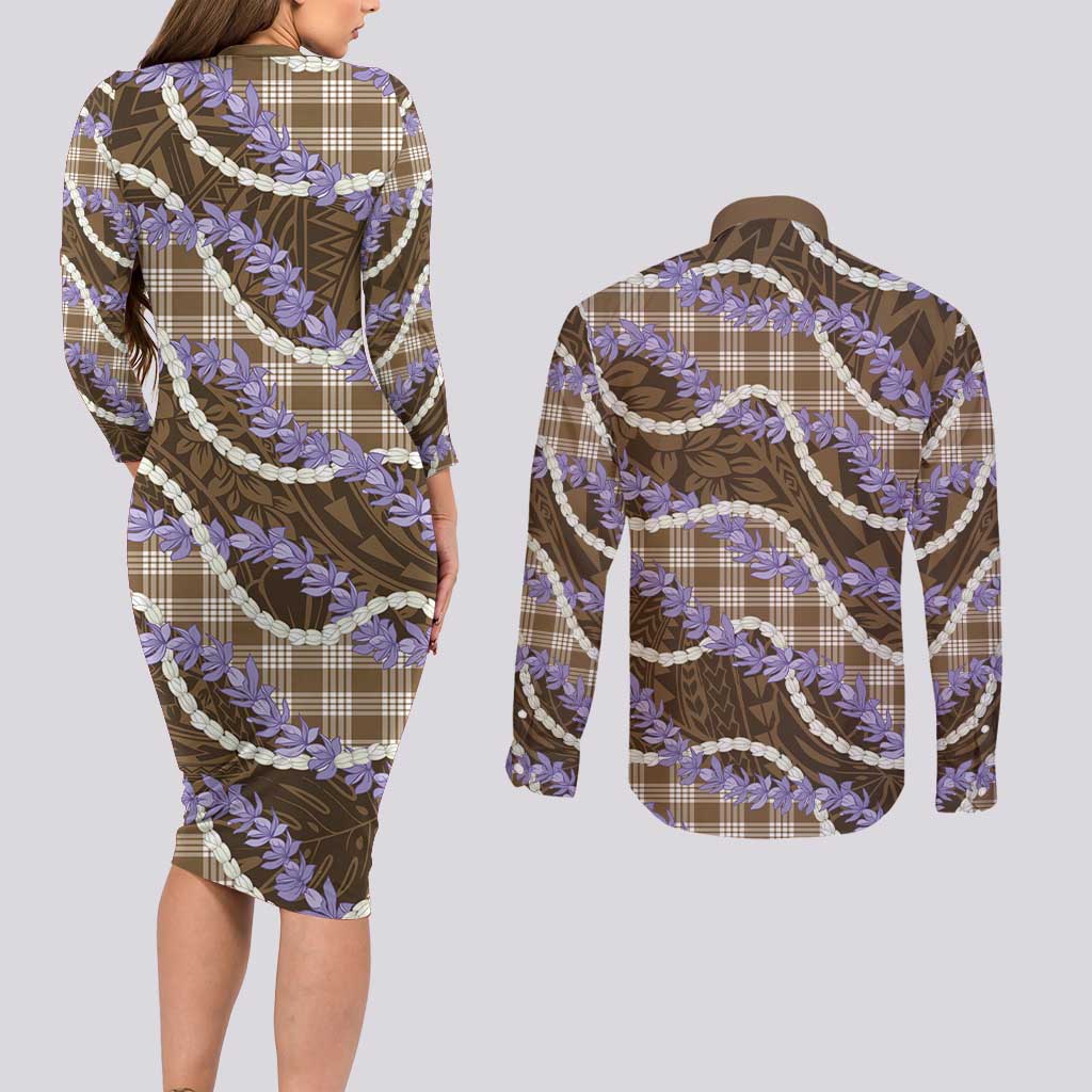 Brown Hawaii Palaka Honohono Pikake Couples Matching Long Sleeve Bodycon Dress and Long Sleeve Button Shirt Hawaiian Orchid Lei Polynesian Pattern LT14 - Polynesian Pride