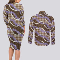 Brown Hawaii Palaka Honohono Pikake Couples Matching Long Sleeve Bodycon Dress and Long Sleeve Button Shirt Hawaiian Orchid Lei Polynesian Pattern LT14 - Polynesian Pride