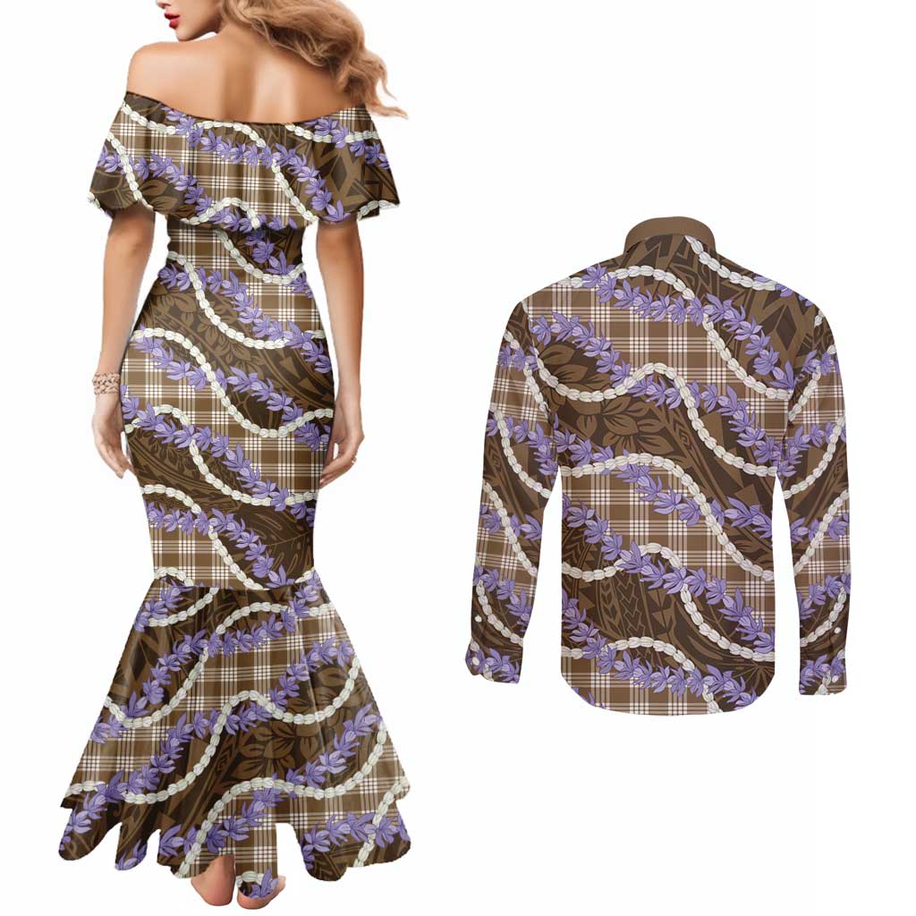 Brown Hawaii Palaka Honohono Pikake Couples Matching Mermaid Dress and Long Sleeve Button Shirt Hawaiian Orchid Lei Polynesian Pattern LT14 - Polynesian Pride