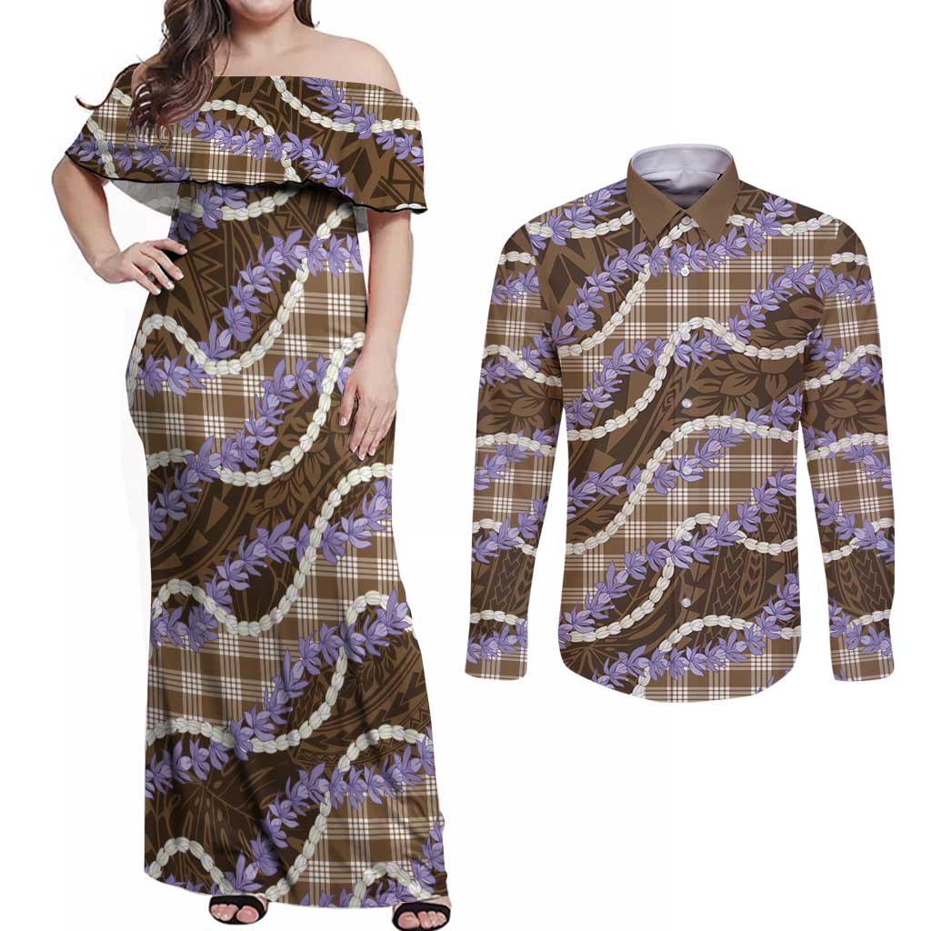 Brown Hawaii Palaka Honohono Pikake Couples Matching Off Shoulder Maxi Dress and Long Sleeve Button Shirt Hawaiian Orchid Lei Polynesian Pattern LT14 Brown - Polynesian Pride