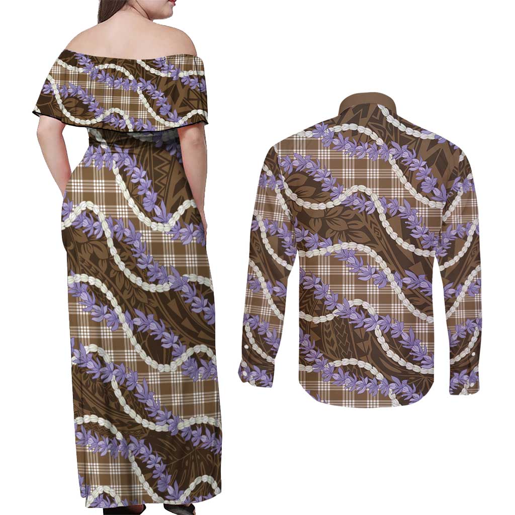Brown Hawaii Palaka Honohono Pikake Couples Matching Off Shoulder Maxi Dress and Long Sleeve Button Shirt Hawaiian Orchid Lei Polynesian Pattern LT14 - Polynesian Pride
