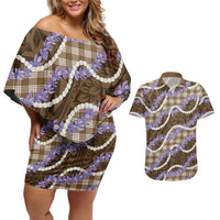 Brown Hawaii Palaka Honohono Pikake Couples Matching Off Shoulder Short Dress and Hawaiian Shirt Hawaiian Orchid Lei Polynesian Pattern LT14 Brown - Polynesian Pride