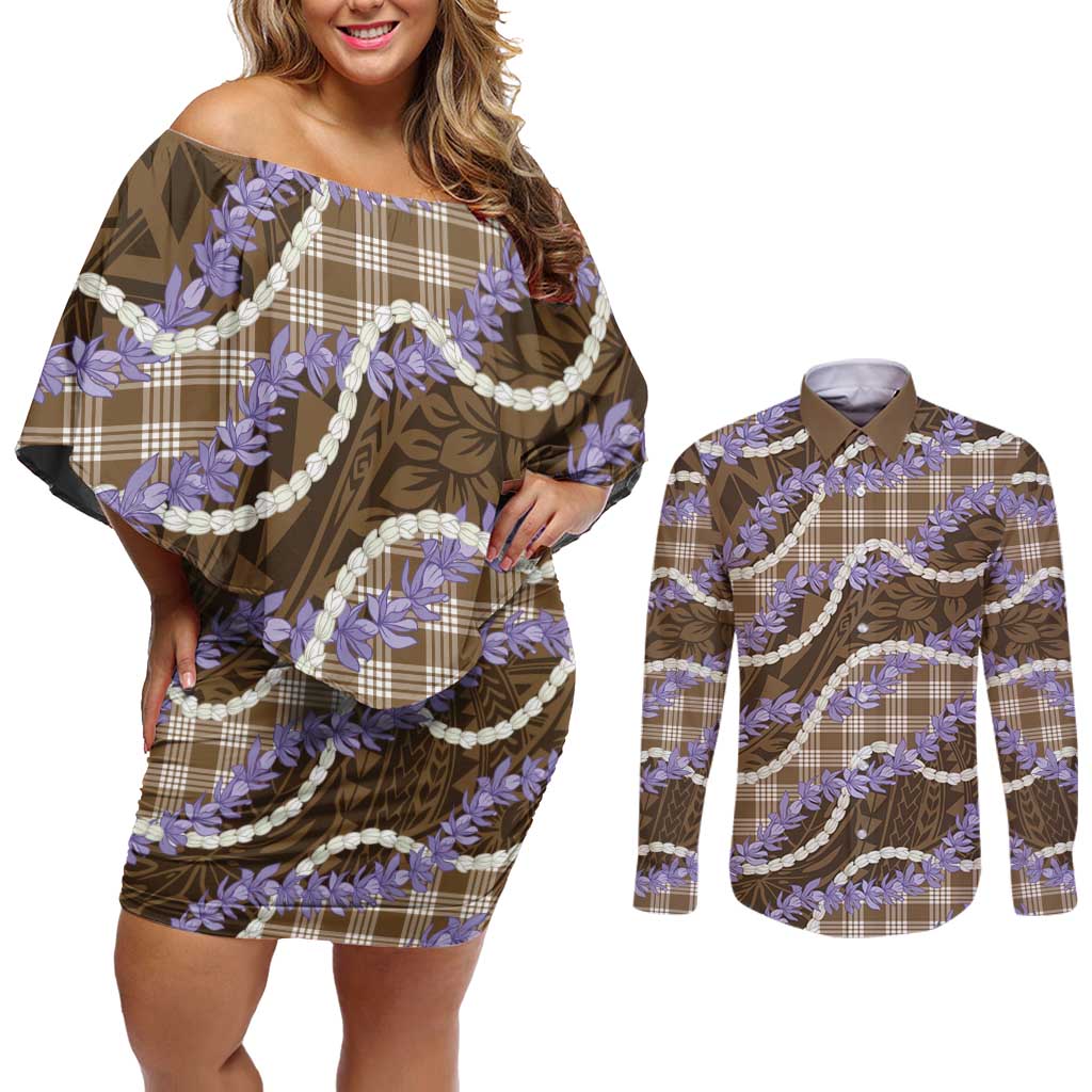 Brown Hawaii Palaka Honohono Pikake Couples Matching Off Shoulder Short Dress and Long Sleeve Button Shirt Hawaiian Orchid Lei Polynesian Pattern LT14 Brown - Polynesian Pride