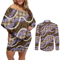 Brown Hawaii Palaka Honohono Pikake Couples Matching Off Shoulder Short Dress and Long Sleeve Button Shirt Hawaiian Orchid Lei Polynesian Pattern LT14 Brown - Polynesian Pride