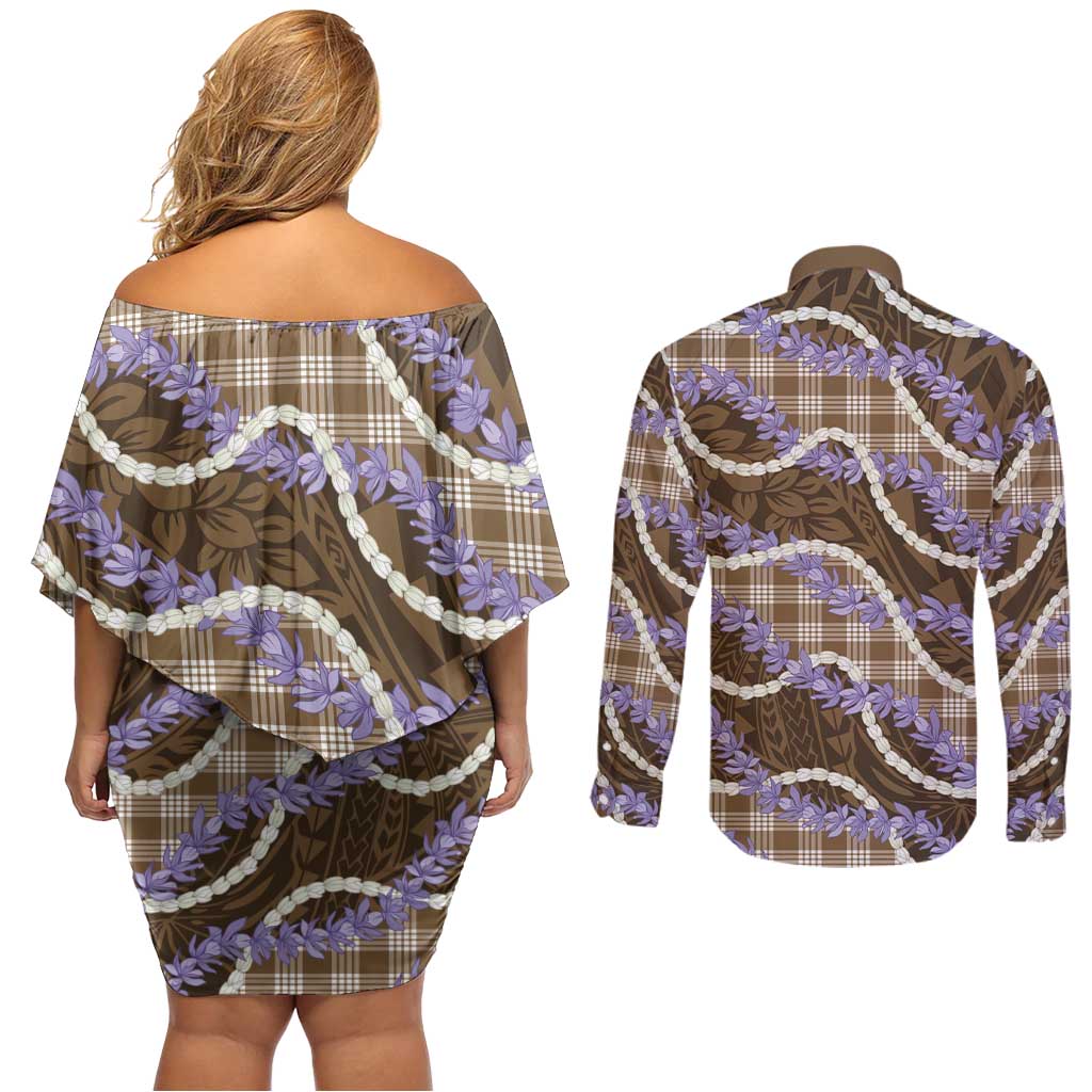 Brown Hawaii Palaka Honohono Pikake Couples Matching Off Shoulder Short Dress and Long Sleeve Button Shirt Hawaiian Orchid Lei Polynesian Pattern LT14 - Polynesian Pride