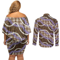 Brown Hawaii Palaka Honohono Pikake Couples Matching Off Shoulder Short Dress and Long Sleeve Button Shirt Hawaiian Orchid Lei Polynesian Pattern LT14 - Polynesian Pride