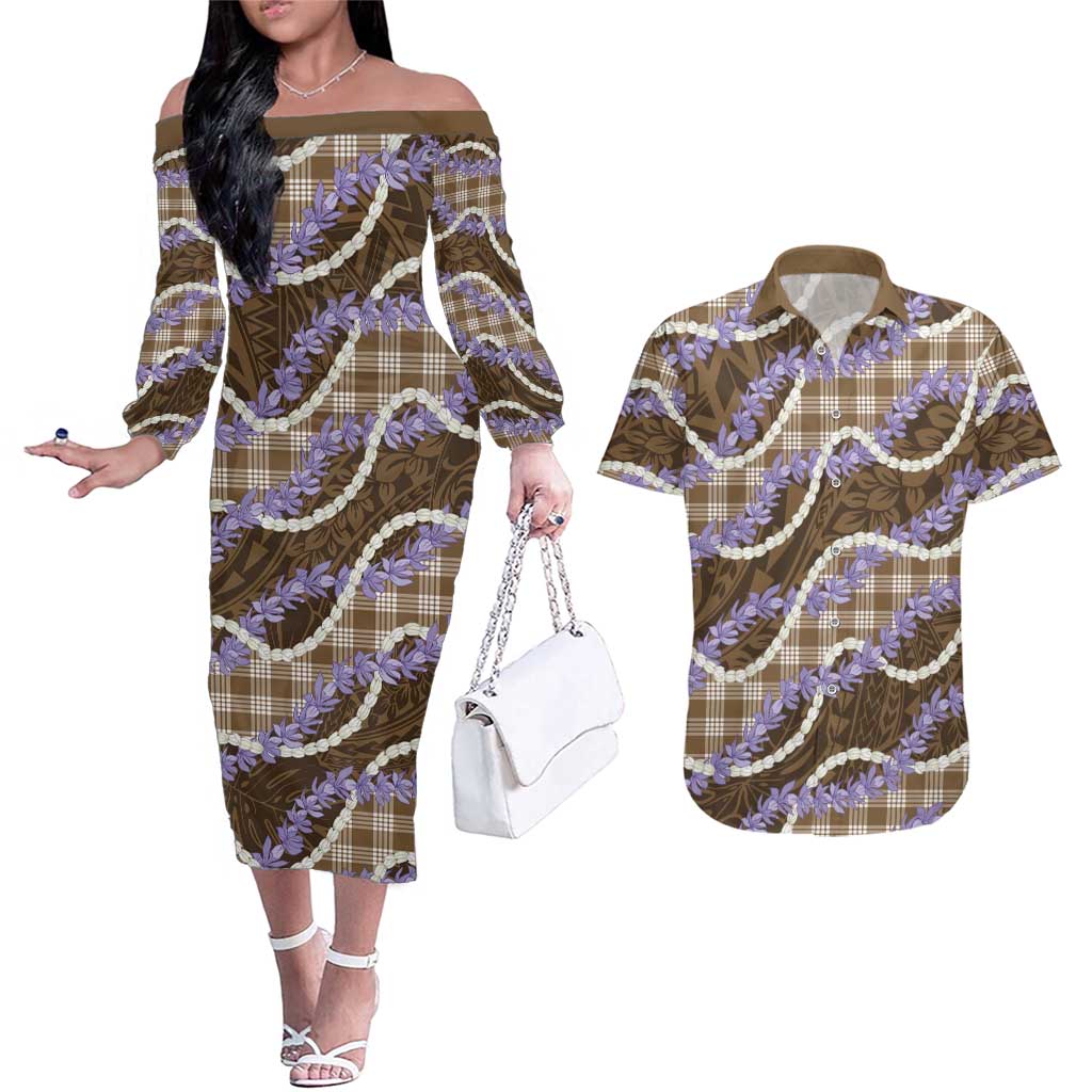 Brown Hawaii Palaka Honohono Pikake Couples Matching Off The Shoulder Long Sleeve Dress and Hawaiian Shirt Hawaiian Orchid Lei Polynesian Pattern - Polynesian Pride
