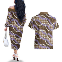 Brown Hawaii Palaka Honohono Pikake Couples Matching Off The Shoulder Long Sleeve Dress and Hawaiian Shirt Hawaiian Orchid Lei Polynesian Pattern LT14 - Polynesian Pride