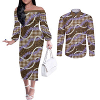 Brown Hawaii Palaka Honohono Pikake Couples Matching Off The Shoulder Long Sleeve Dress and Long Sleeve Button Shirt Hawaiian Orchid Lei Polynesian Pattern LT14 Brown - Polynesian Pride