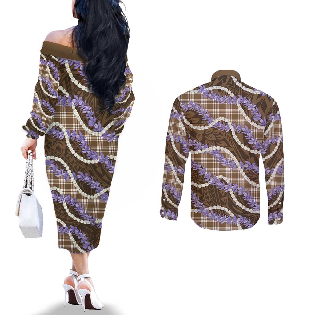 Brown Hawaii Palaka Honohono Pikake Couples Matching Off The Shoulder Long Sleeve Dress and Long Sleeve Button Shirt Hawaiian Orchid Lei Polynesian Pattern LT14 - Polynesian Pride