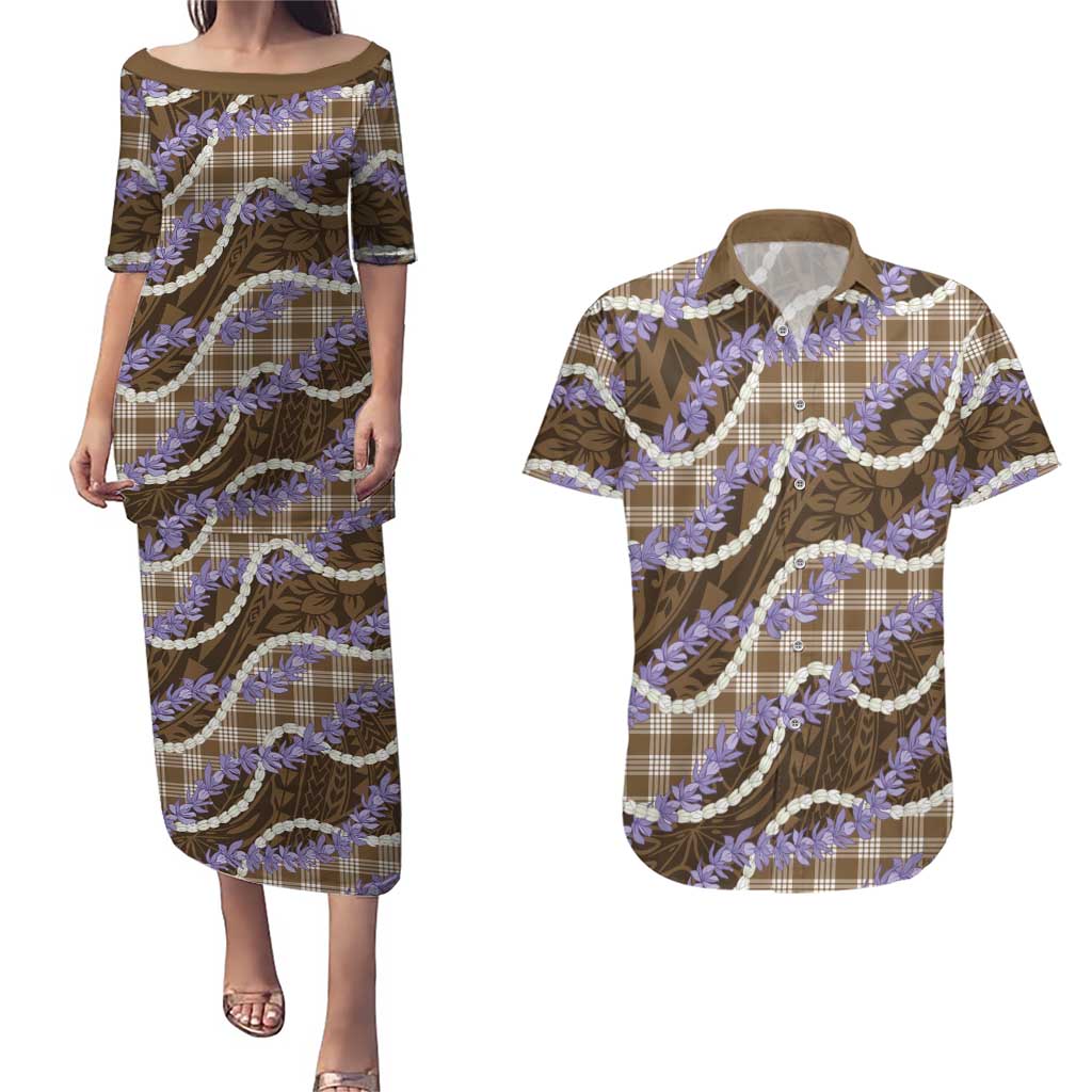 Brown Hawaii Palaka Honohono Pikake Couples Matching Puletasi and Hawaiian Shirt Hawaiian Orchid Lei Polynesian Pattern - Polynesian Pride