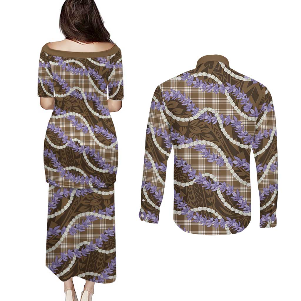 Brown Hawaii Palaka Honohono Pikake Couples Matching Puletasi and Long Sleeve Button Shirt Hawaiian Orchid Lei Polynesian Pattern LT14 - Polynesian Pride