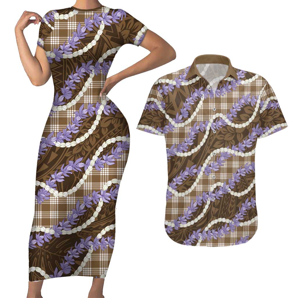 Brown Hawaii Palaka Honohono Pikake Couples Matching Short Sleeve Bodycon Dress and Hawaiian Shirt Hawaiian Orchid Lei Polynesian Pattern - Polynesian Pride