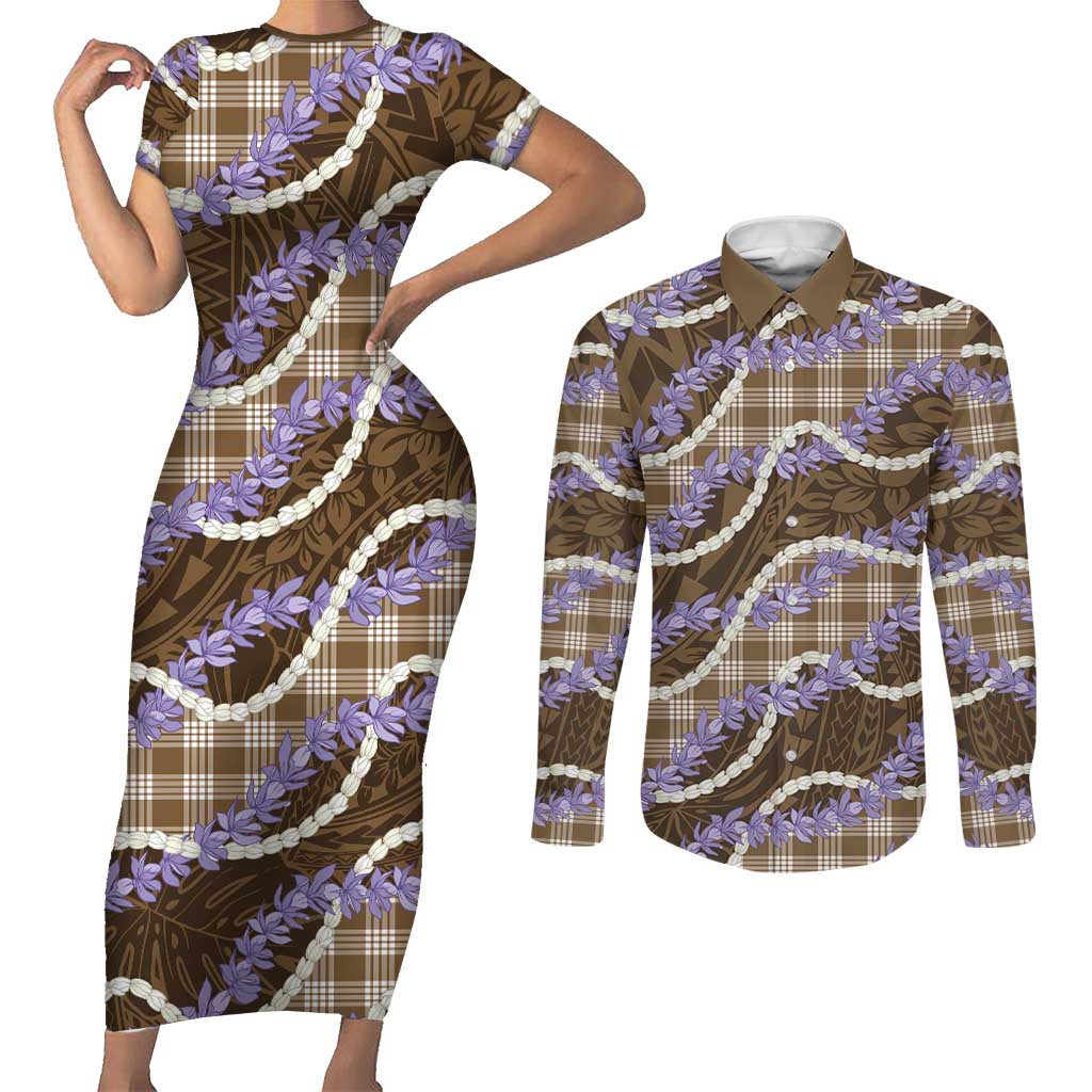 Brown Hawaii Palaka Honohono Pikake Couples Matching Short Sleeve Bodycon Dress and Long Sleeve Button Shirt Hawaiian Orchid Lei Polynesian Pattern - Polynesian Pride