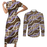 Brown Hawaii Palaka Honohono Pikake Couples Matching Short Sleeve Bodycon Dress and Long Sleeve Button Shirt Hawaiian Orchid Lei Polynesian Pattern LT14 Brown - Polynesian Pride