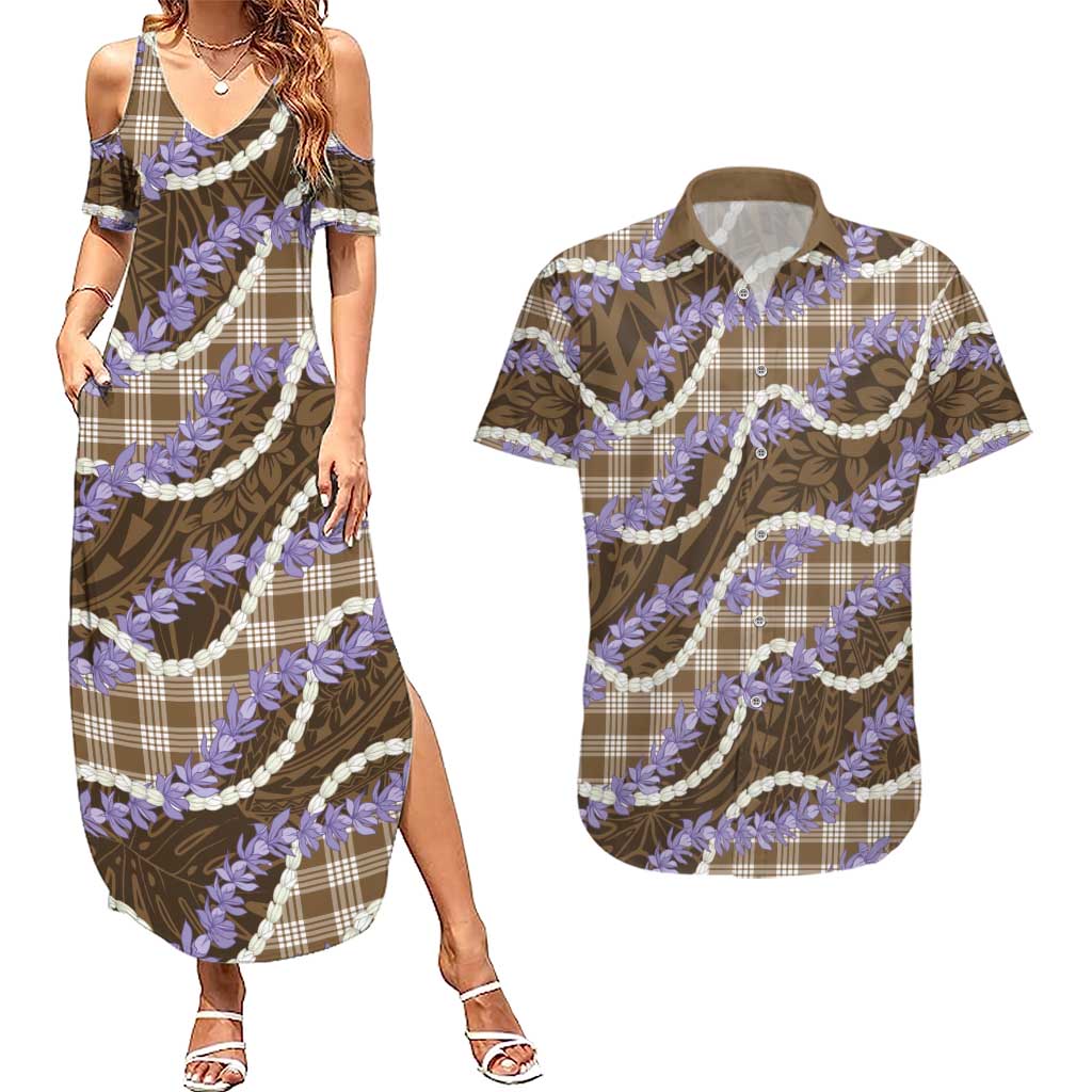 Brown Hawaii Palaka Honohono Pikake Couples Matching Summer Maxi Dress and Hawaiian Shirt Hawaiian Orchid Lei Polynesian Pattern LT14 Brown - Polynesian Pride