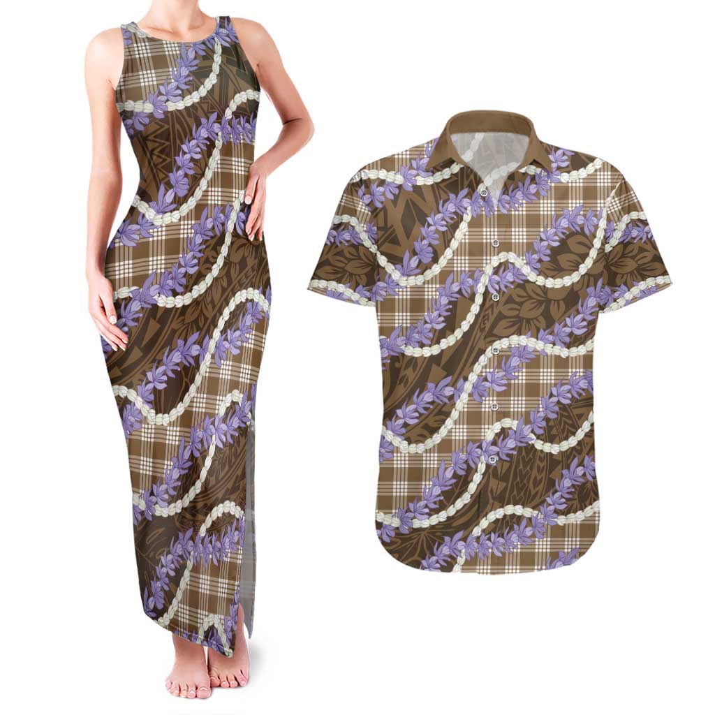 Brown Hawaii Palaka Honohono Pikake Couples Matching Tank Maxi Dress and Hawaiian Shirt Hawaiian Orchid Lei Polynesian Pattern - Polynesian Pride
