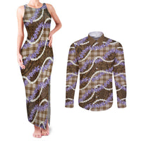 Brown Hawaii Palaka Honohono Pikake Couples Matching Tank Maxi Dress and Long Sleeve Button Shirt Hawaiian Orchid Lei Polynesian Pattern LT14 Brown - Polynesian Pride