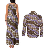 Brown Hawaii Palaka Honohono Pikake Couples Matching Tank Maxi Dress and Long Sleeve Button Shirt Hawaiian Orchid Lei Polynesian Pattern LT14 - Polynesian Pride