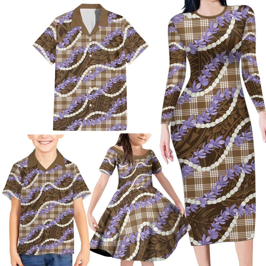 Brown Hawaii Palaka Honohono Pikake Family Matching Long Sleeve Bodycon Dress and Hawaiian Shirt Hawaiian Orchid Lei Polynesian Pattern LT14 - Polynesian Pride