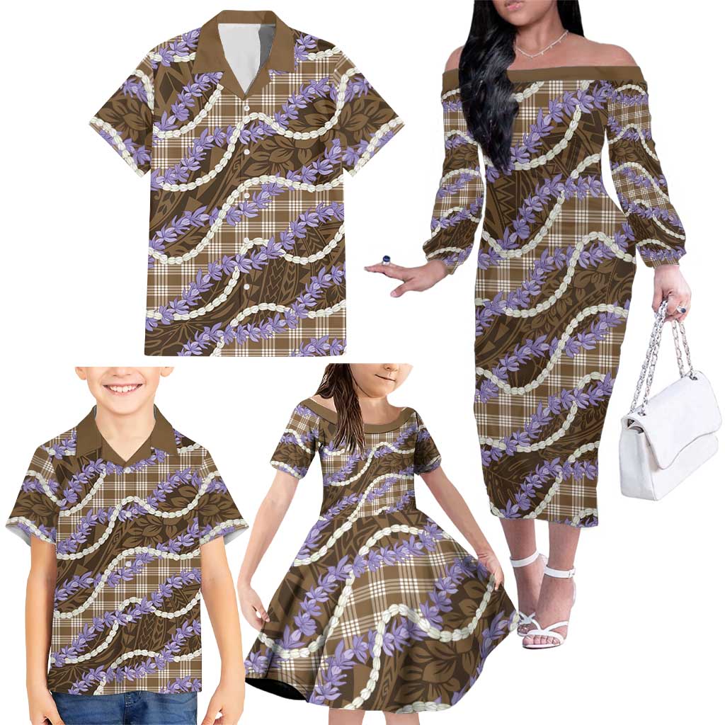 Brown Hawaii Palaka Honohono Pikake Family Matching Off The Shoulder Long Sleeve Dress and Hawaiian Shirt Hawaiian Orchid Lei Polynesian Pattern LT14 - Polynesian Pride