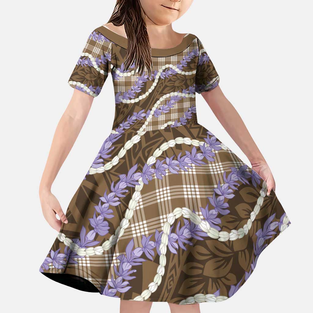 Brown Hawaii Palaka Honohono Pikake Family Matching Off Shoulder Maxi Dress and Hawaiian Shirt Hawaiian Orchid Lei Polynesian Pattern LT14 Daughter's Dress Brown - Polynesian Pride