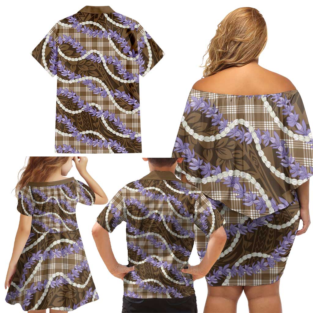 Brown Hawaii Palaka Honohono Pikake Family Matching Off Shoulder Short Dress and Hawaiian Shirt Hawaiian Orchid Lei Polynesian Pattern LT14 - Polynesian Pride