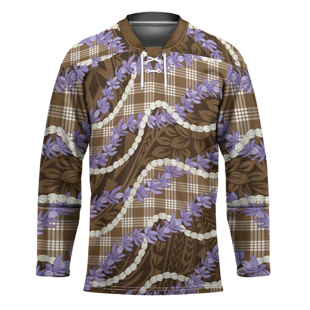 Brown Hawaii Palaka Honohono Pikake Hockey Jersey Hawaiian Orchid Lei Polynesian Pattern - Polynesian Pride