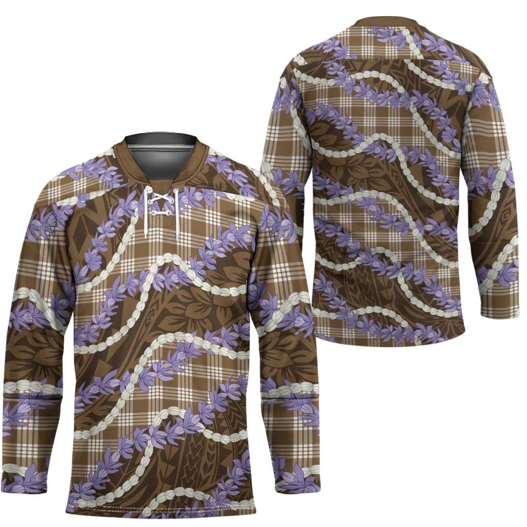 Brown Hawaii Palaka Honohono Pikake Hockey Jersey Hawaiian Orchid Lei Polynesian Pattern - Polynesian Pride