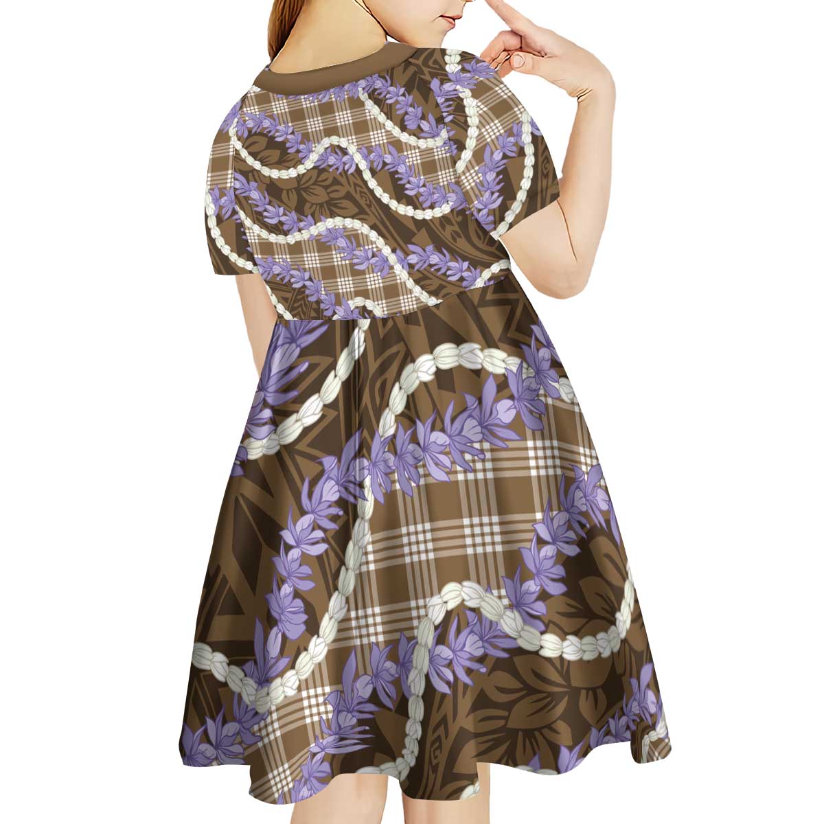 Brown Hawaii Palaka Honohono Pikake Kid Short Sleeve Dress Hawaiian Orchid Lei Polynesian Pattern LT14 - Polynesian Pride