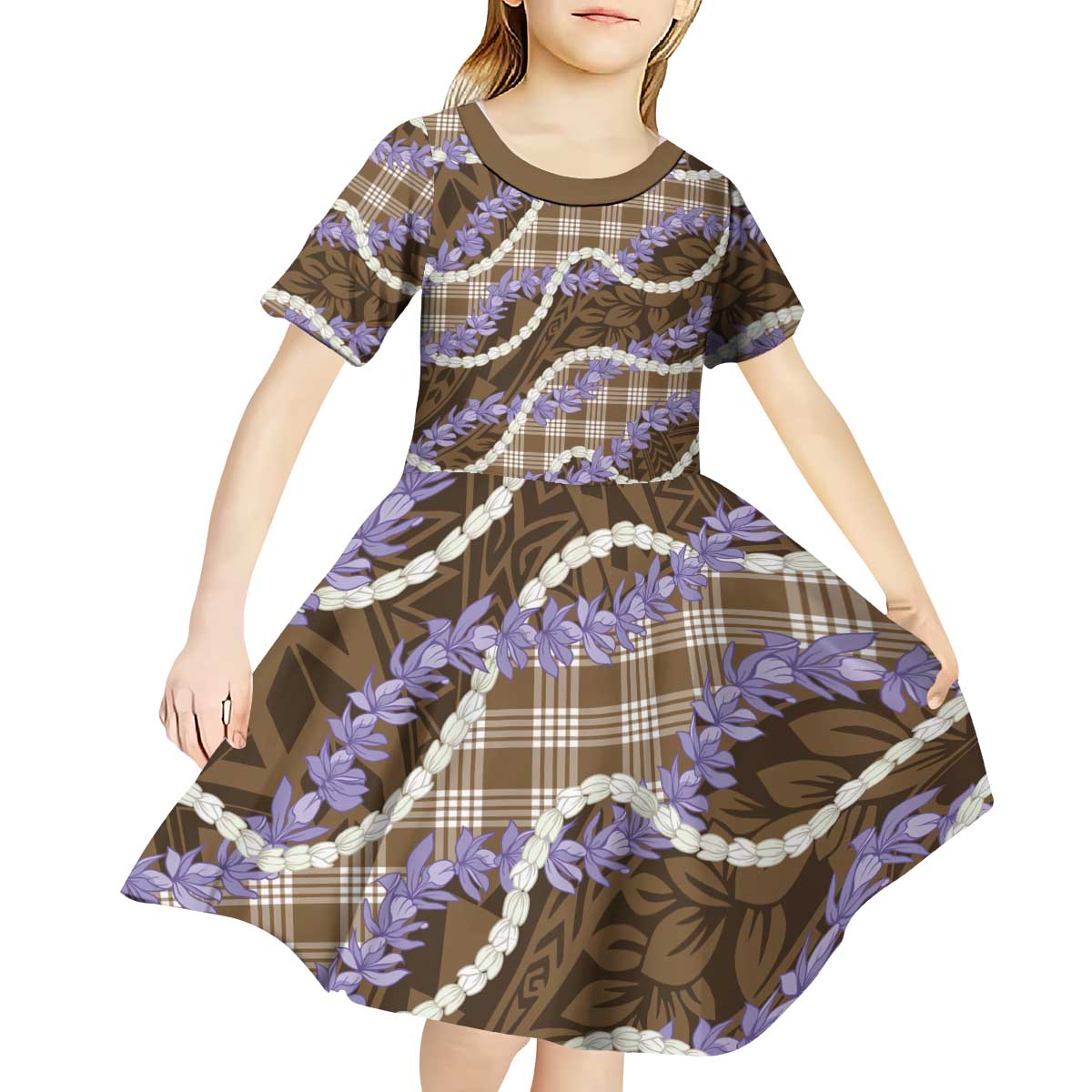 Brown Hawaii Palaka Honohono Pikake Kid Short Sleeve Dress Hawaiian Orchid Lei Polynesian Pattern LT14 - Polynesian Pride