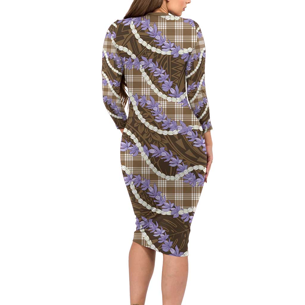 Brown Hawaii Palaka Honohono Pikake Long Sleeve Bodycon Dress Hawaiian Orchid Lei Polynesian Pattern LT14 - Polynesian Pride