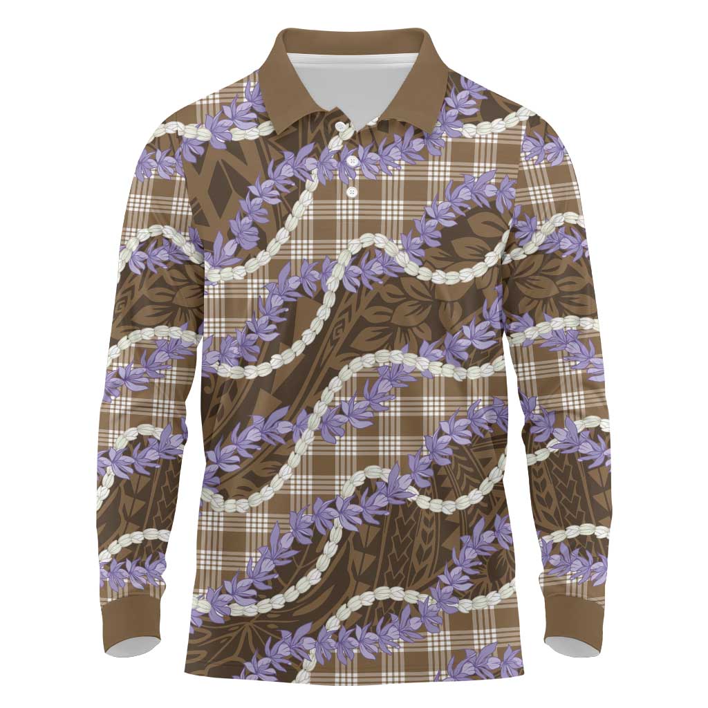 Brown Hawaii Palaka Honohono Pikake Long Sleeve Polo Shirt Hawaiian Orchid Lei Polynesian Pattern LT14 Brown - Polynesian Pride