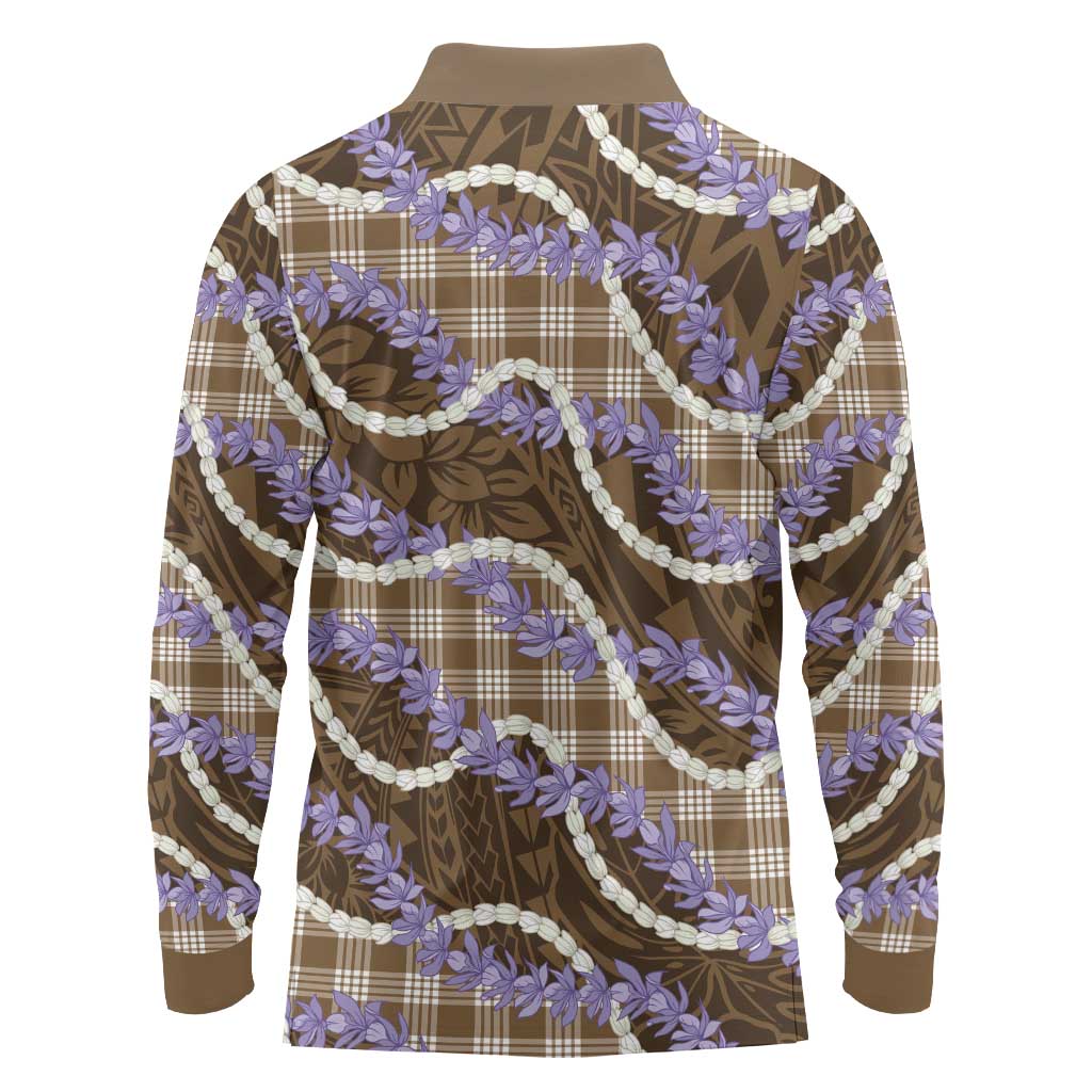 Brown Hawaii Palaka Honohono Pikake Long Sleeve Polo Shirt Hawaiian Orchid Lei Polynesian Pattern LT14 - Polynesian Pride