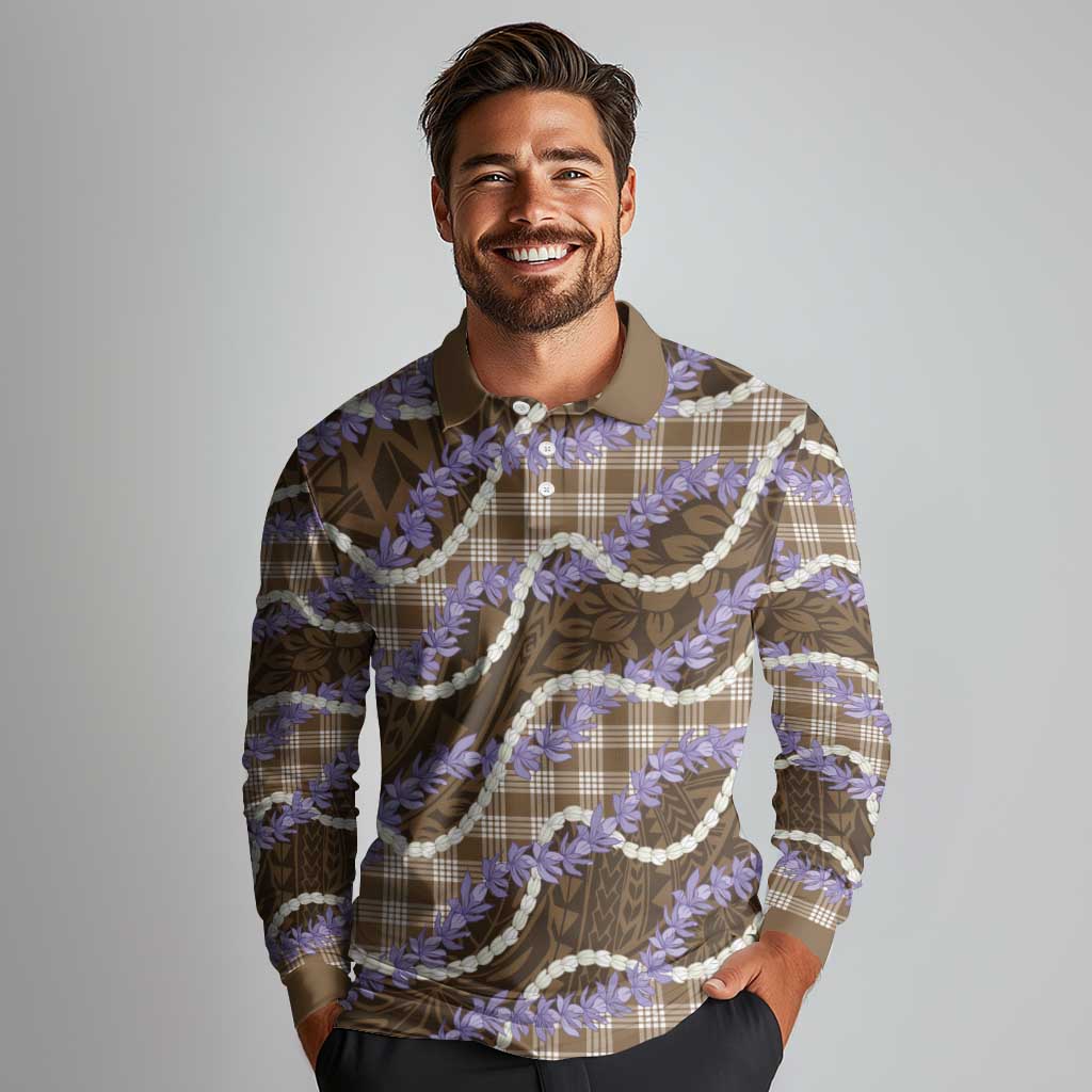 Brown Hawaii Palaka Honohono Pikake Long Sleeve Polo Shirt Hawaiian Orchid Lei Polynesian Pattern LT14 - Polynesian Pride